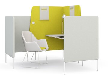 Workspace with white chair and yellow screen.