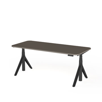 brown height adjustable desk with a black frame 
