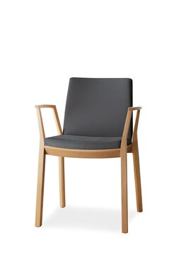 Wooden chair with gray padded seat and back.