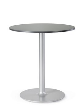 een tafel met rond zwart blad en zilverkleurige kolompoot