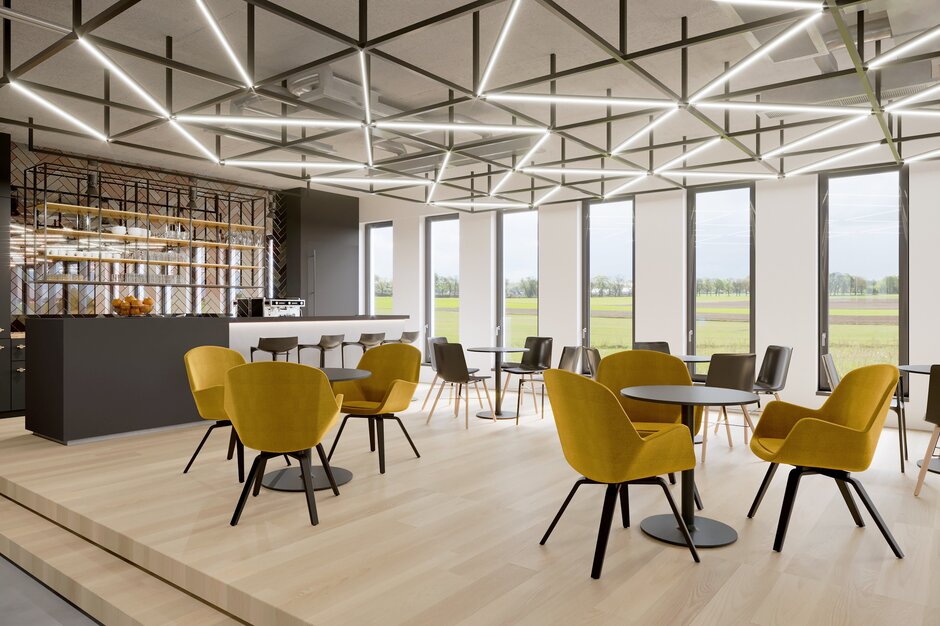 Working café with yellow lounge seating. | © Studio Perspektiv