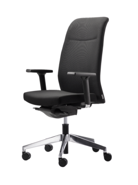 Schwarzer Bürostuhl mit gepolstertem Sitz und Rücken.