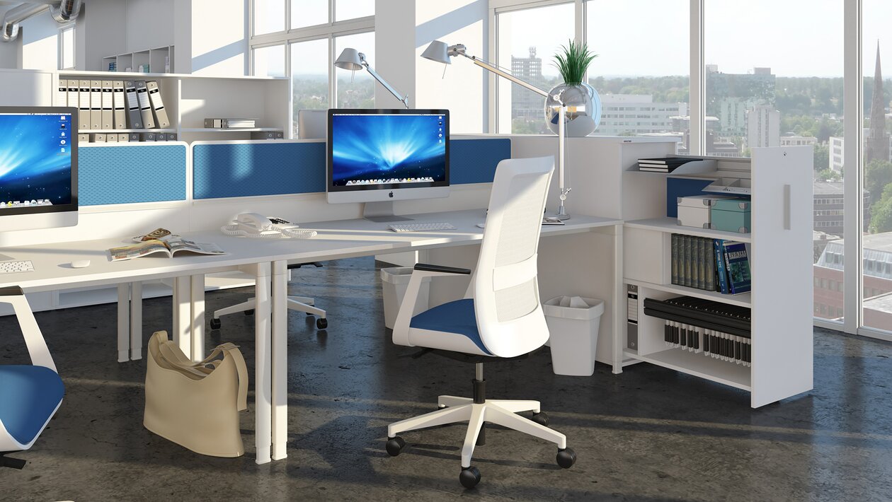 White pull-out cabinet at a modern workplace.