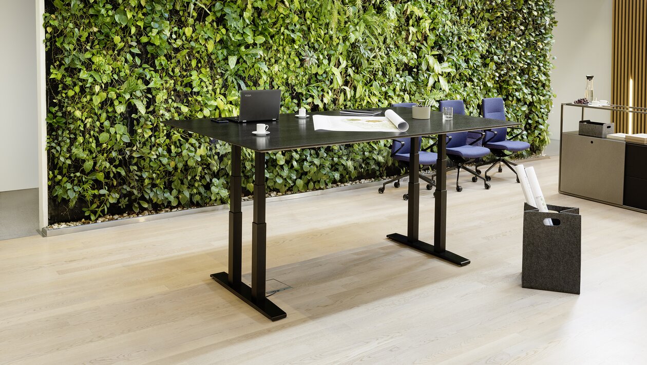 Dark height adjustable conference table in front of a plant wall.