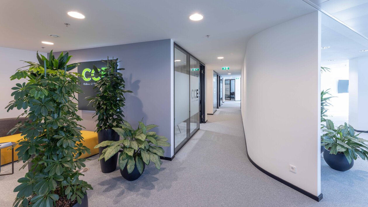 Corridor dans un immeuble de bureaux avec des plantes | © Martin Zorn Photography