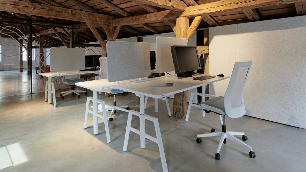 Helle Schreibtische mit hellem Bürodrehstuhl | © raumpixel.at