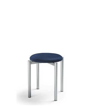 Stool stacking with blue seat and metal feet. 