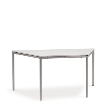 een tafel met een trapeziumvormig wit blad en ronde poten met grijze poedercoating