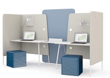 Double workspace with gray and blue screens.