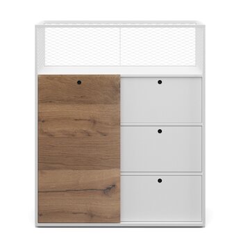 White cabinet with a wooden front on the left side. 