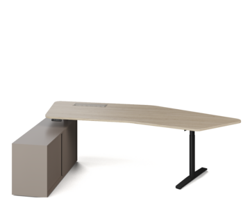 Consultingtisch mit Holzplatte, schwarzem Gestell und in Kombination mit braunem Schrank
