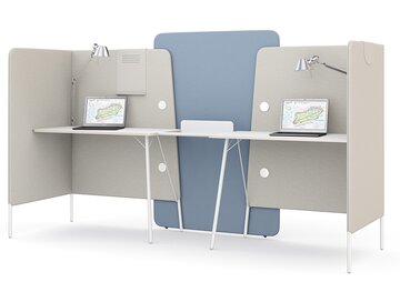 Double workspace with gray and blue screens.