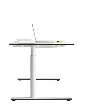Rectangualar table with a laptop.