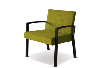 bariatrische stoel van hout met groen-gele stoffering