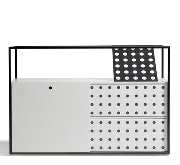 Cut out of an office cabinet with sliding doors made out of perforated metal.