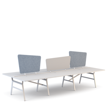 een grote witte bureautafel voor 6 personen met asymmetrische privacyschermen