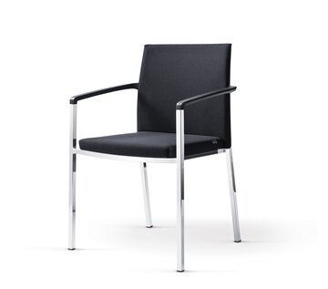 Black padded stacking chair.