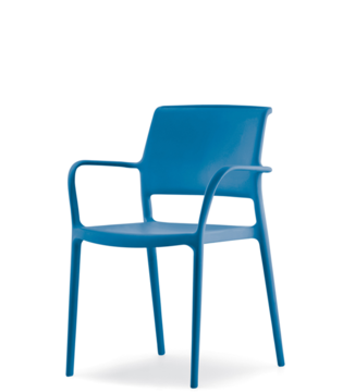 Blue stacking chair with armrest.