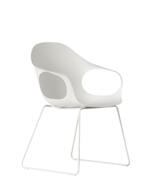 White outdoor chair with sled base frame.