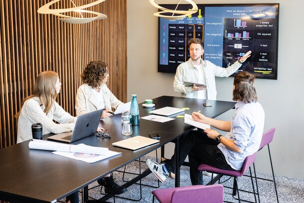 Vier Personen die ein Meeting in einem Working Café haben.