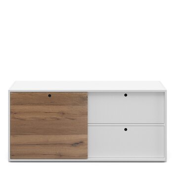 White cabinet with a wooden front at the left side. 