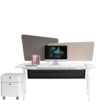 White office desk with a container and screens.