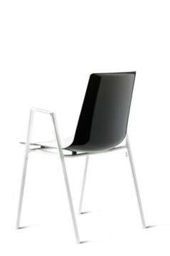 Schwarzer Stuhl mit weißen Füßen und Armlehnen.