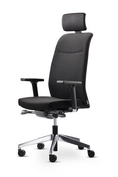 Swivel chair with black padded seat and back.