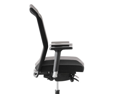 Adjustment of the set height of a black swivel chair.