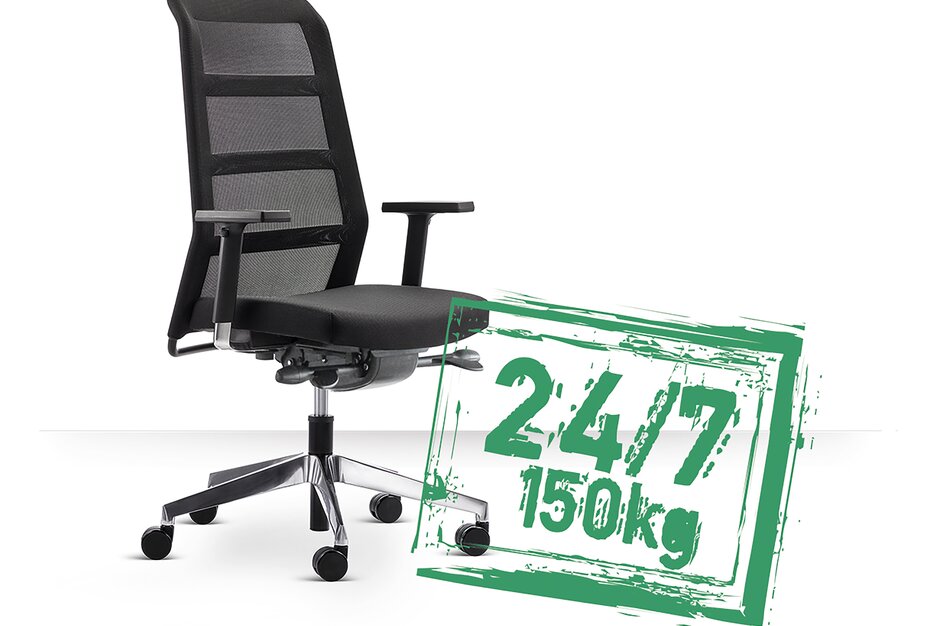 paro_24/7 swivel chair Black swivel chair with a green banner in front of it.