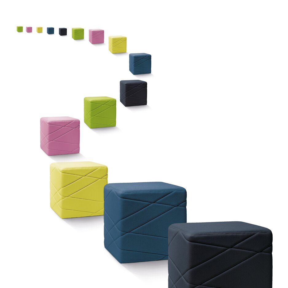 Collection of seating cubes in different colours.