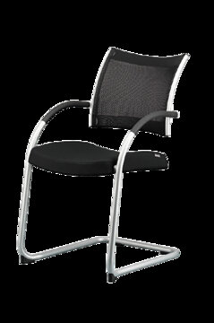 Black cantilever chair with mesh back.