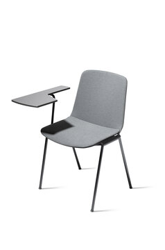 Gray stacking chair with writing tablet.