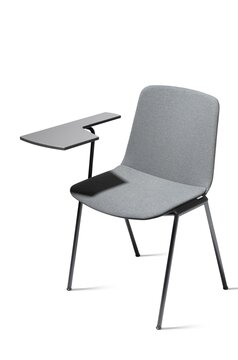 Gray stacking chair with writing tablet.