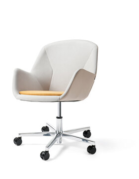 Beige conference chair with a orange padded seat.