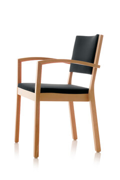 Wooden chair with armrest and black padded seat and back.