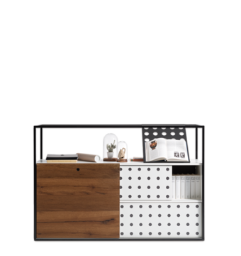 witte dressoir met 1 grote schuifdeur van gerecycled eikenhout en 2 kleine witte schuifdeuren
