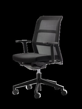 Black swivel chair with armrest and mesh back.