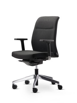 Black swivel chair with padded seat and back.