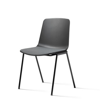 Schwarzer Stapelstuhl mit grau gepolstertem Sitz.