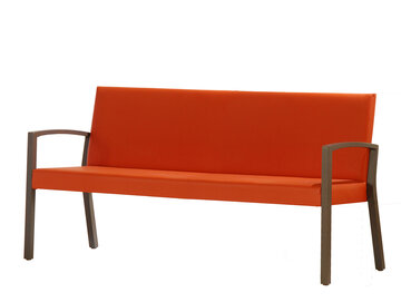 Red bench with three seats.