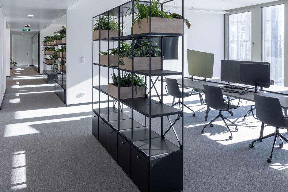 Cloison ouverte avec des plantes et un bureau d’équipe | © Martin Zorn Photography