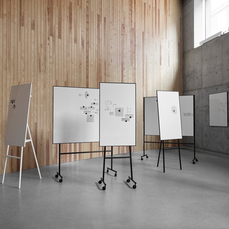Flipcharts in front of a wooden wall.
