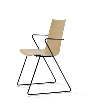 Skid-base chair with a wooden seat shell and black armrest.