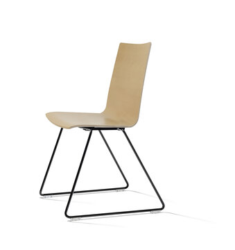 Skid-base chair with a wooden shell.