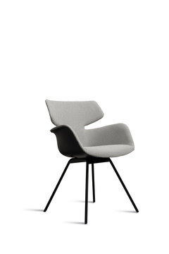 Shell chair with grey upholstery and four legs