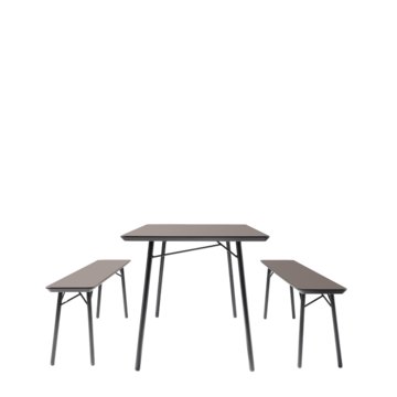 Black table with black benches.