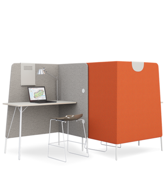 Workplace with orange and gray screen.