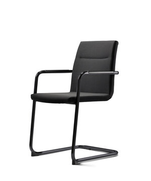 paro_2 cantilever chair Black cantilever chair with armrest and padded seat and back.