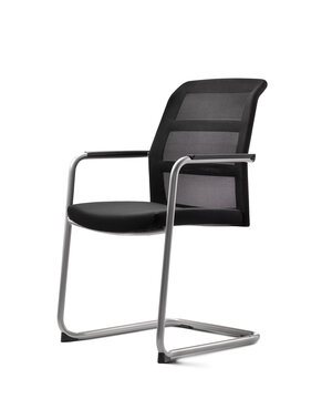 Black cantilever chair with armrest and mesh back.